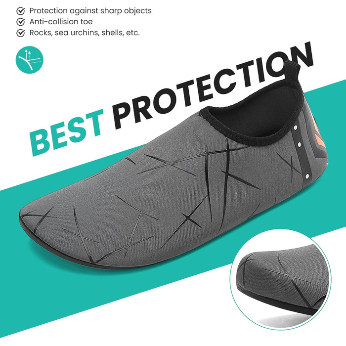 Водні черевики для жінок та чоловіків: легкі, швидковисихаючі, з антиковзким покриттям для плавання, пляжу та серфінгу (44 EU, 857 Темно-сірий)