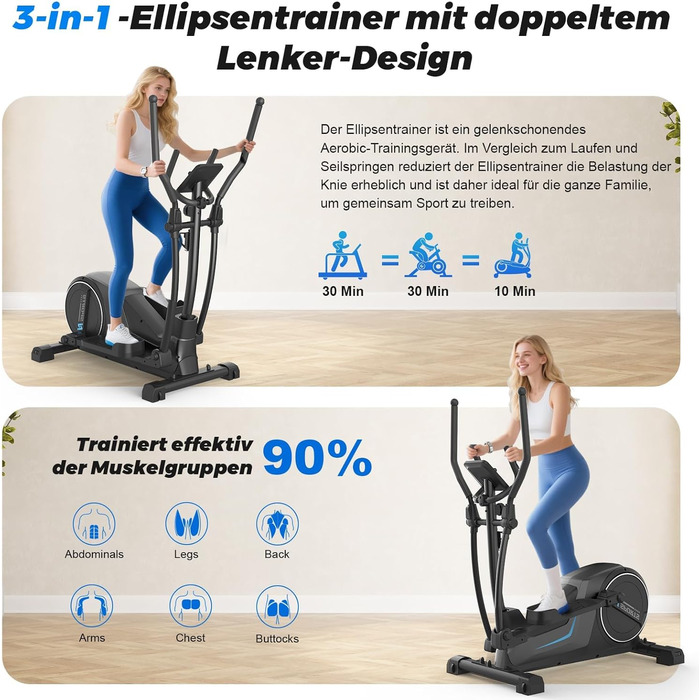 Еліптичний тренажер Neezee для дому: тихий, з 16 рівнями опору, 8 кг маховиком, LCD-дисплеєм (Bluetooth), до 150 кг, чорний