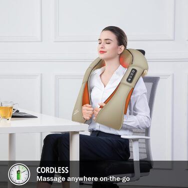 Бездротовий масажер Shiatsu Snailax з функцією підігріву, 4D-роликами для шиї, плечей і спини, м'язова релаксація, подарунок для чоловіків та жінок (хаки)