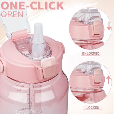 DEARRAY 2л пляшка для води Tritan з соломинкою та тайм-маркерами, BPA-free, мотиваційна, спортивна, для фітнесу, тренажерного залу, походів, прозора, рожево-бірюзова