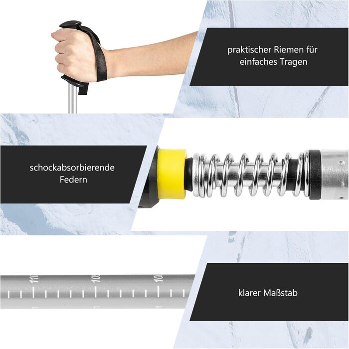 Снігоступи GYMAX 53/63/76 см з алюмінію, розмір 35-45, з підйомником, 2 палиці та сумка, комплект снігоступів для чоловіків та жінок (63 см, сріблястий сплав)