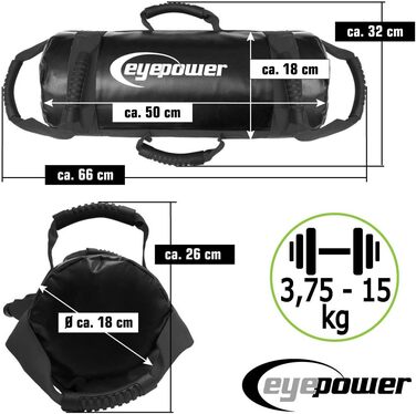 Мішок для тренувань EYEPOWER 15 кг з 4 гантелями (заповнений піском) - 6 ручок, для дому, фітнес, тренування пресу та спини, чорний 18x50 см