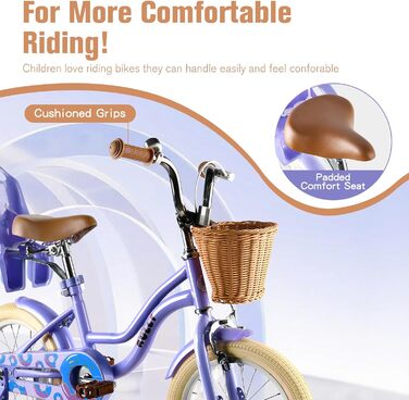 Дитяче велосипед RULLY для дівчаток з додатковими колесами, кошиком та сидінням для ляльки, регульоване сидіння, 2-7 років, рожевий/фіолетовий/блакитний (12 дюймів)