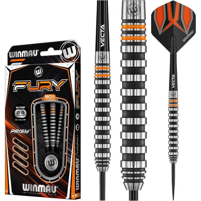 Дротики WINMAU Fury 24 г з вольфраму, з призмовими флайтами та Vecta-шафтами