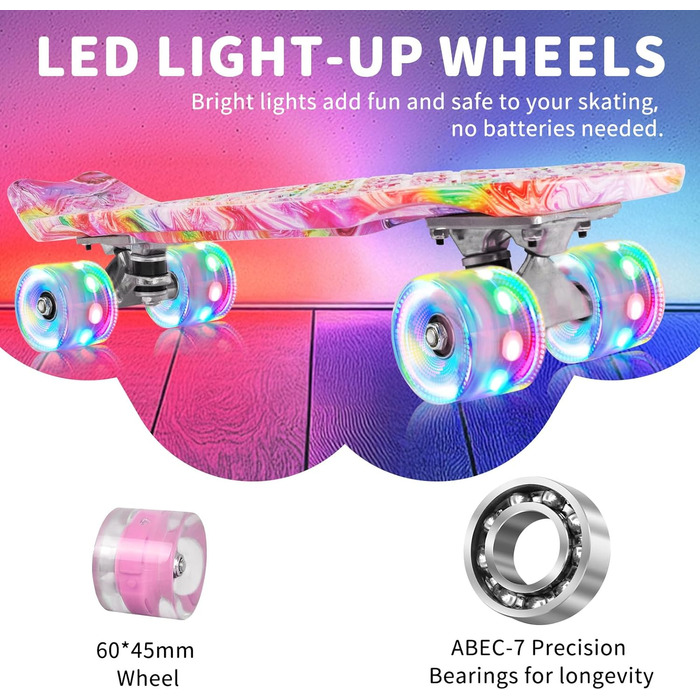 Скейтборд BELEEV 22 дюйми Mini Cruiser з LED-колесами та T-інструментом для початківців (графіті)