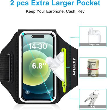 Сумка для телефону на руку для бігу з кишенькою для навушників, ремінець для iPhone 17 16 15 14 13 12 11 Pro Max Galaxy S24 S23 Ultra, чорний (до 6,8 дюймів)