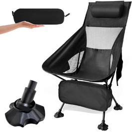 Зручний складаний стул для кемпінгу Bindokun, 120 кг, ультралегкий, з кишенями та підголівником, чорний