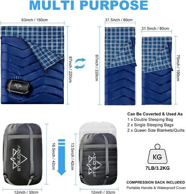 Спальний мішок для двох осіб, XL, Queen Size, для кемпінгу та походів, універсальний, легкий, водонепроникний, з компресійним мішком, чорний/зелений (темно-синій)