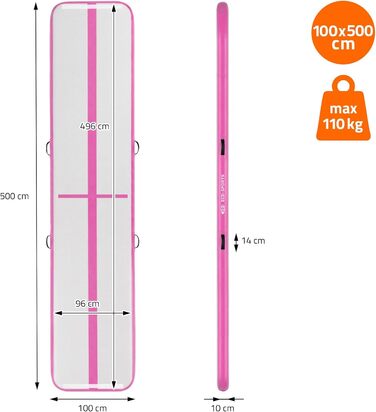Гімнастичний мат Airtrack ECD Germany для тумблінгу та фітнесу, надувний повітряний тренажер (500 x 100 x 10 см), рожевий, з електричним насосом та сумкою