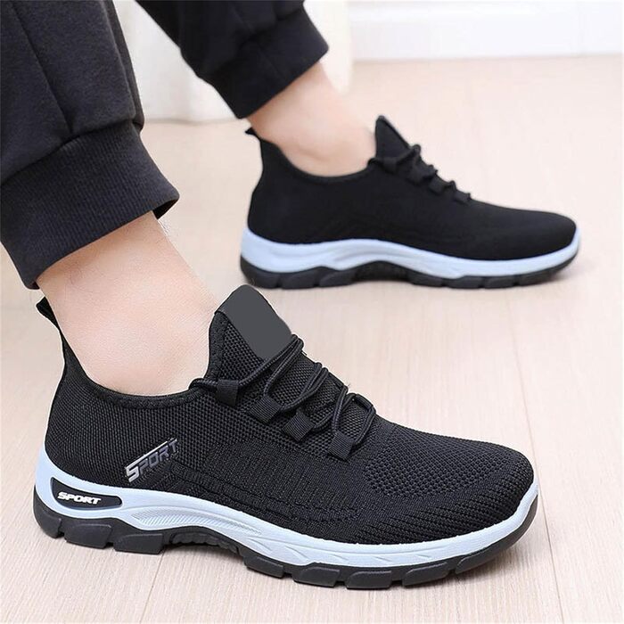 Чоловічі кросівки для активного відпочинку та спорту: бігові, фітнес, ходьби, чорні та білі, розмір 42 EU, ортопедичні, дихаючі, з широкою колодкой