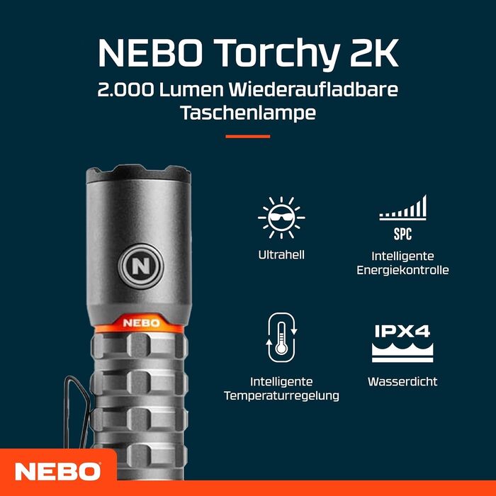 Ліхтар NEBO Torchy 2K - міні-ліхтар та робоче освітлення, USB, для кемпінгу та роботи, 5 режимів, до 30 годин роботи, вологостійкий, сірий