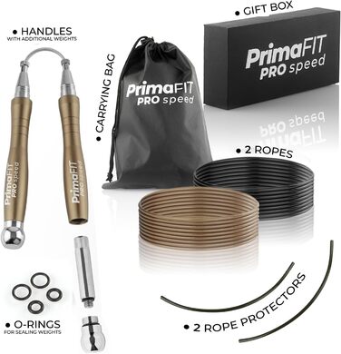 Скакалка PrimaFIT для дорослих: професійна, регульована, з вагою, 3м, 2 підшипники, антиковзні ручки, для боксу, MMA, кросфіту, сталевий трос, сумка (бронза)
