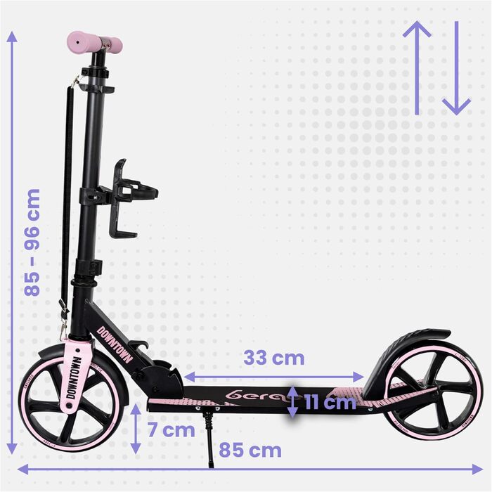 Самокат міський Bergen City Scooter Downtown, алюмінієвий, складаний, 3.3 кг, колеса 200 мм, регульована висота, для дітей від 6 років, підлітків та дорослих до 100 кг, чорний/рожевий