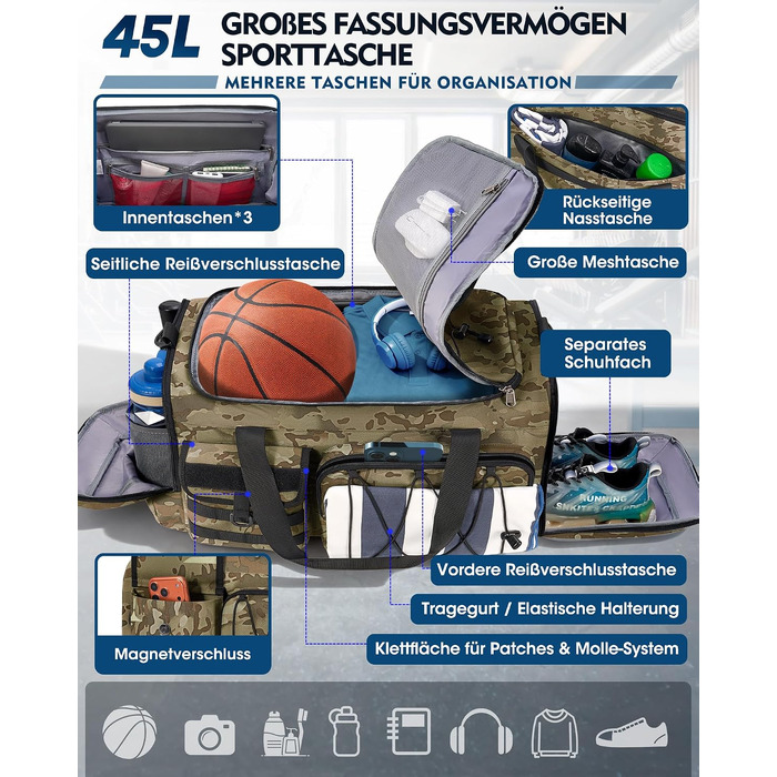 Спортивна сумка RAINSMORE 45L 3-в-1 для фітнесу та подорожей з відділенням для взуття та вологих речей, водонепроникна дорожня сумка (Хакі Камуфляж)