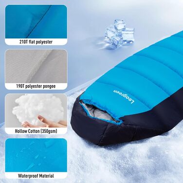 Спальний мішок Leogreen для дорослих пуховий, -15℃ ~ +5℃, 3-4 сезони, 300 GSM, 1800 г, для кемпінгу, туризму та альпінізму, 210 x 80 x 35 см, синій