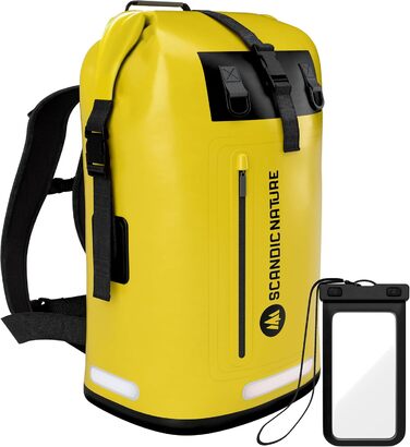 SCANDIC NATURE PIONEER: Водонепроникний рюкзак з ролтоп закриттям 35/55L, чорний, жовтий, оливково-зелений. Міцний завдяки дну з 1000D PVC тканини, водонепроникний чохол для телефону IPX8, 3 світловідбивачі.