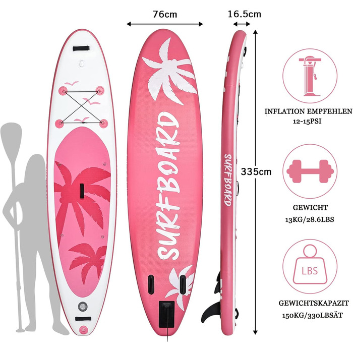 Надувна SUP-дошка YU YUSING 320/335x76x16,5 см з регульованим веслом, насосом, рюкзаком, страховочним шнуром, водонепроникною сумкою, для плавання стоячи, до 150 кг