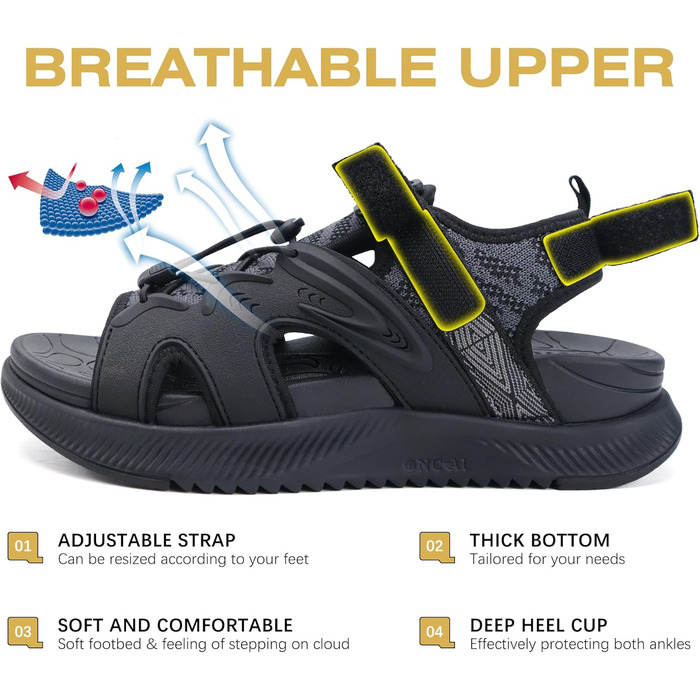 ONCAI Легкі сандалі для жінок, спортивні трекінгові сандалі з підтримкою стопи, ортопедичні для активного відпочинку, підходять при п'ятковому фасціїт, регульовані ремінці, розміри 36-43, чорний