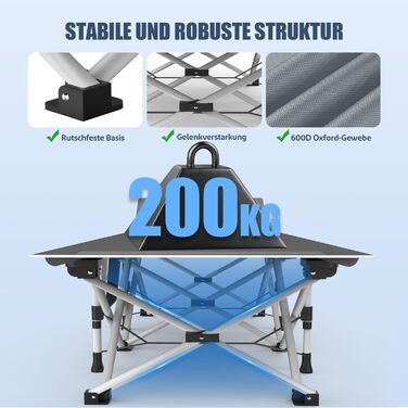 Ліжко похідне розкладне XL з матрацом, 220 кг, 600D Oxford, сталевий каркас, сіре 190x78x37 см