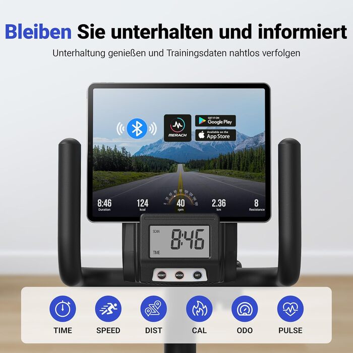 Велотренажер MERACH Liegeergometer для дому з 8 рівнями регулювання опору, Bluetooth, LCD-дисплеєм, датчиками пульсу та регульованою спинкою, чорний