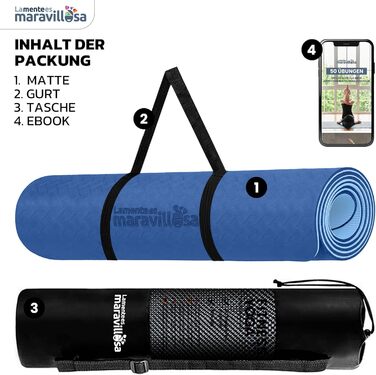 Килимок для гімнастики та йоги LA MENTE ES MARAVILLOSA з неслизькою поверхнею, сумкою та електронною книгою для занять фітнесом, пілатесом та воркаутом. Розмір 183x61 см, колір: блакитний мандала + блакитний