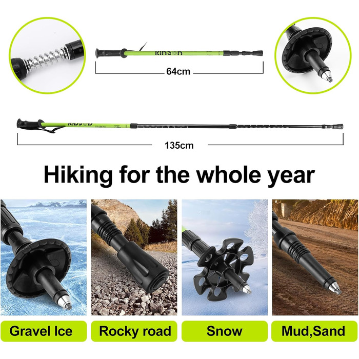 Снігоступи KinZon 3-в-1: легкі, міцні, з трекінговими палками та сумкою, підйом на п'яті, для походів, зелені, 63.5 см (для ваги 54-86 кг)