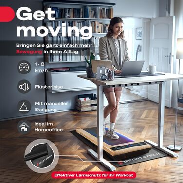 Біговий тренажер Sportstech для дому, Walking Pad, швидкість 1-8 км/год, тренажер під стіл, кут нахилу 11,5%, тихий, з підключенням до додатку, максимальне навантаження 120 кг, компактний, LCD дисплей, для дому та офісу, sWalk (sWalk LWD)