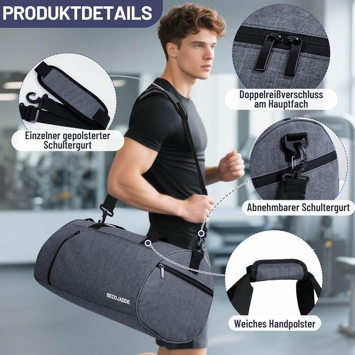 Спортивна сумка-дуфел для чоловіків та жінок з відділенням для взуття та мокрих речей, водонепроникна ручна поклажа (35L, сірий)