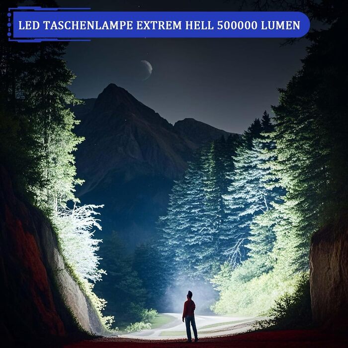 Ліхтар Jayxinli 500000 Люмен, акумуляторний, надпотужний, з регулюванням фокусу, 3 режими, тактичний, для кемпінгу, надзвичайних ситуацій та повсякденного використання, чорний
