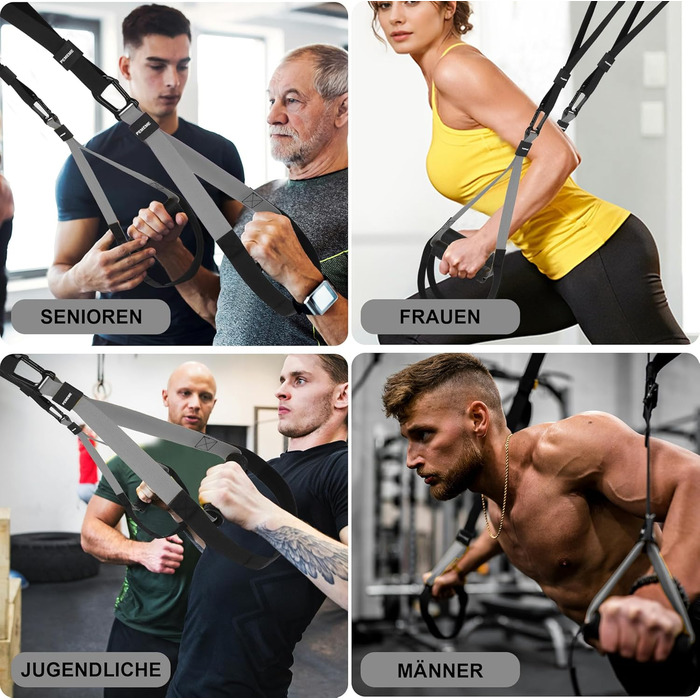 Слінг-тренажер для дому: повний комплект для тренувань всього тіла з дверним анкером, регульованими ременями, ручками та сумкою – фітнес-обладнання для дому (сірий)