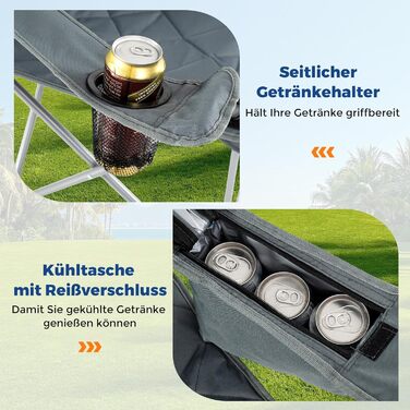 Крісло для кемпінгу Costway XXL, 227 кг, з підлокітниками та кишенею для напоїв, сіре