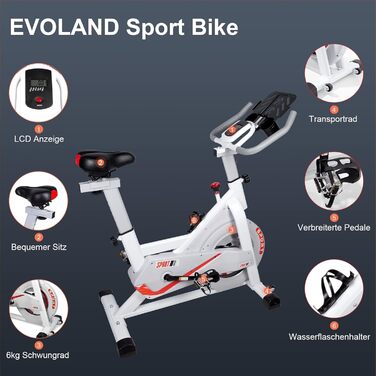 EVOLAND Велотренажер для дому, професійний, з LCD-дисплеєм, стабільна конструкція, тримач для пляшки, регульоване сидіння, білий