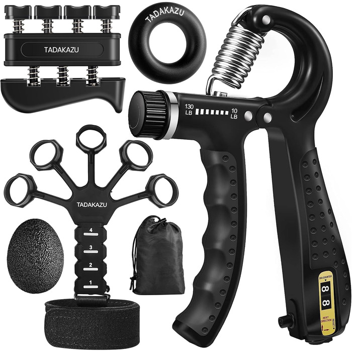 Набір для тренування сили хвату TADAKAZU (5 шт.): Силовий тренажер для рук, хватки, пальців, кульки для зняття стресу та кільце для тренування передпліччя. Чорний.