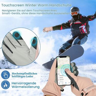 Зимові водонепроникні рукавички для жінок Touchscreen, теплі рукавички для катання на лижах, бігу, їзди верхи та походів (рожеві, роздільні пальці)