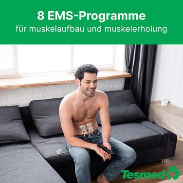 Електростимулятор TESMED Fit для EMS, TENS, масажу (3 в 1): 22 програми, 6 регульовані, для зняття болю та стимуляції м'язів живота, сідниць та грудей (Fit 5.4 з 4 електродами)