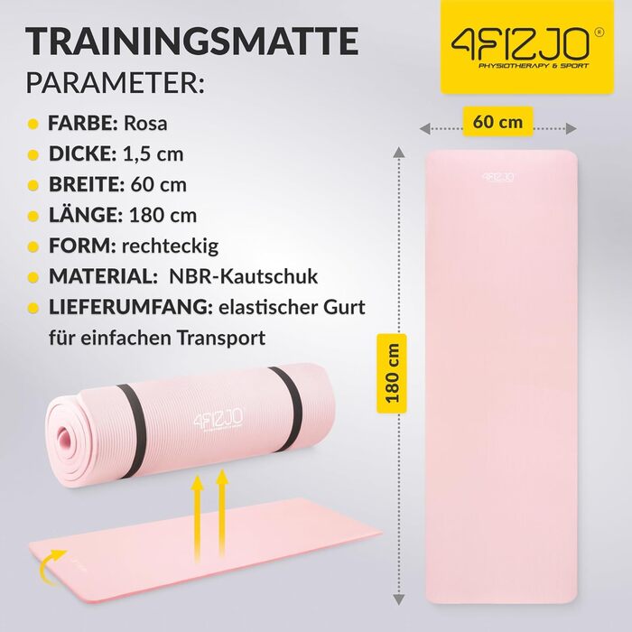 Фітнес-мат 4FIZJO 180x60 см, рожевий, 1.5 см, NBR піна, антиковзкий, для йоги, пілатесу, спорту та гімнастики, з ременем для транспортування