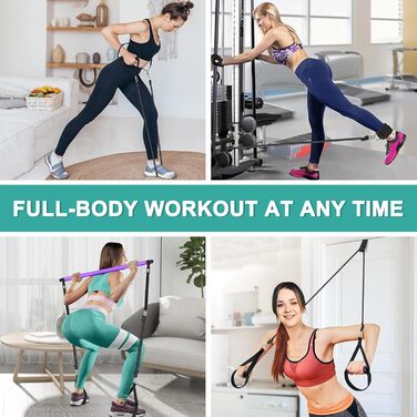 Pilates Bar WenYa з гумовими стрічками для фітнесу (81,6 кг), фіолетовий: набір для пілатесу, йоги, дому та спортзалу з манжетами для ніг та кріпленням на двері