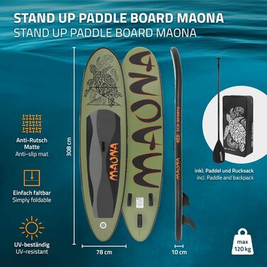 Надувний SUP Борд ECD Germany: SUP Борд Stand Up Paddle Board для Каякінгу, Розміри 305/308/320/380 см, до 120/150 кг, Товщина 10/15 см, Комплект з Рюкзаком та Сидінням для Каяка, Olive