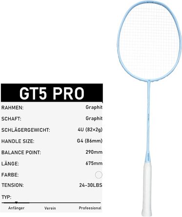 Ракетка для бадмінтону OGEENIER з графіту, легка, професійна, карбонова, з антиковзним грифом та сумкою (Блакитна)