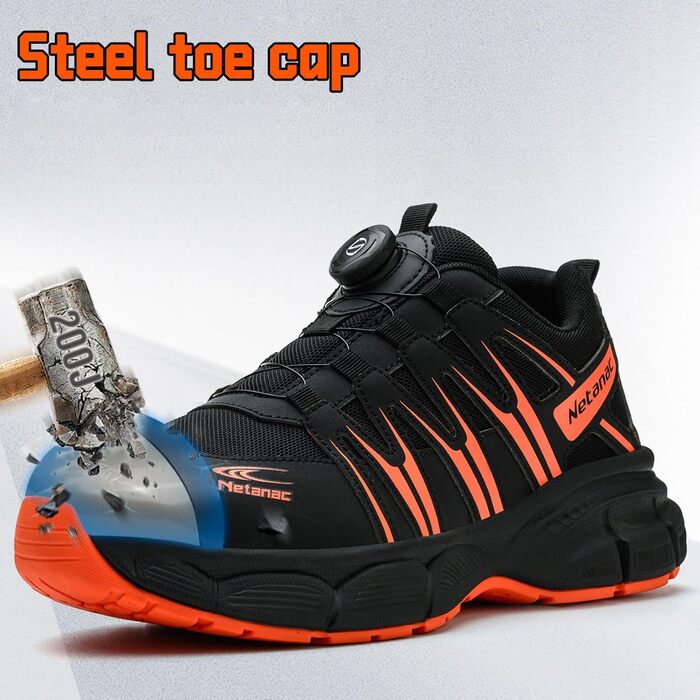 Черевики робочі чоловічі легкі, захисні черевики зі сталевим підноском, жіночі, дихаючі, зручні, широка колодка, гумова підошва, зелені (помаранчеві, 43.5 EU)