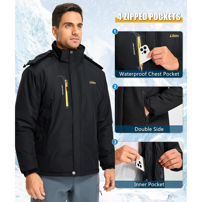 Зимова куртка Libin для чоловіків: тепла, водонепроникна, дихаюча, для катання на сноуборді та туризму. Чорний колір, розмір L