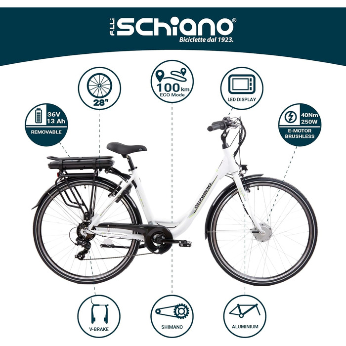 Електровелосипед F.lli Schiano E-Moon 28'' для чоловіків і жінок, 36В акумулятор, до 25 км/год, з мотором на багажнику, білий, з кошиком