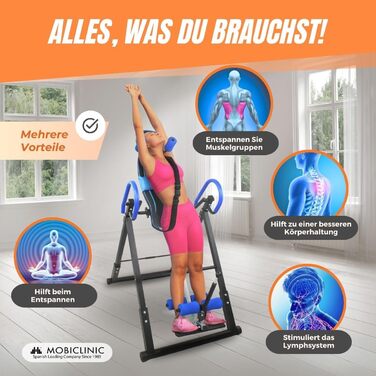 Інверсійний стіл Mobiclinic Fitness, складаний, сталевий, з регулюванням нахилу до 180°, до 120 кг, з подушкою для попереку та підголівником, 4 системи безпеки, для розтяжки та вправ на прес