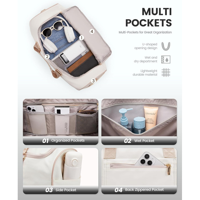 Сумка-валіза LOVEVOOK для жінок, 37L, для подорожей, вихідної подорожі, пологового будинку з косметичкою, відділенням для взуття та мокрих речей, водонепроникна спортивна сумка, Gym Yoga Bag, ручна поклажа для спорту, відпустки, літака, бежево-рожева