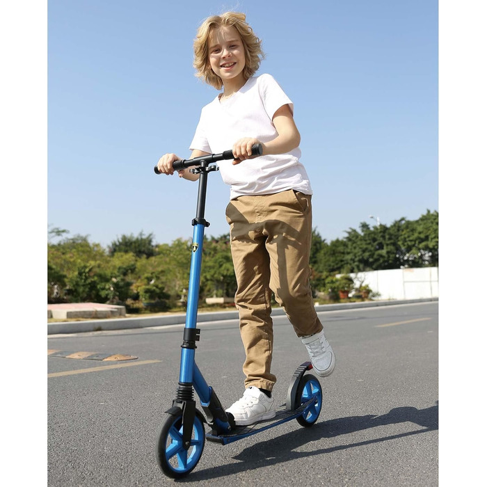 Скутер Lamborghini Tretroller Cityroller з великим колесом, складаний, регульована висота, для дорослих та дітей, з підставкою, передньою амортизацією та гальмом на задньому колесі, синій, до 100 кг
