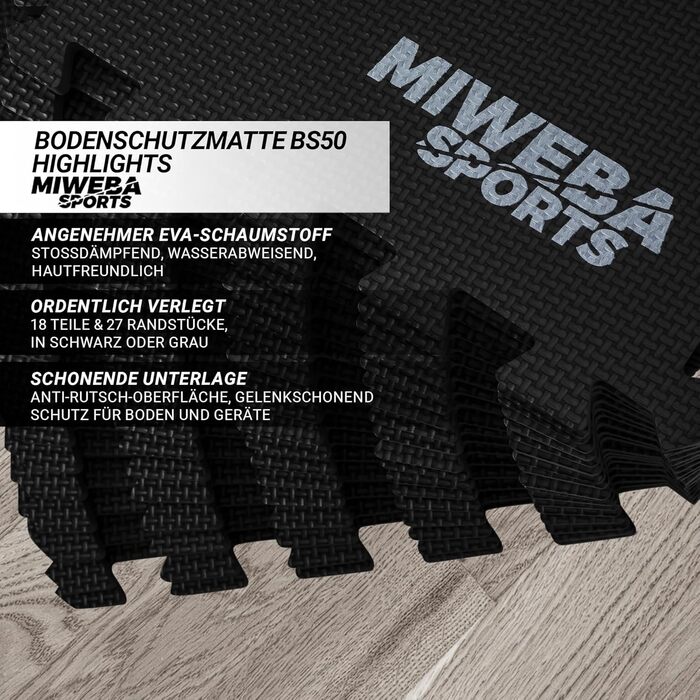 Пазлова захисна спортивна мат для підлоги Miweba BS50 8 шт. (1,7 м²) / BS100 18 шт. (3,175 м²) – для фітнесу, йоги, гімнастики