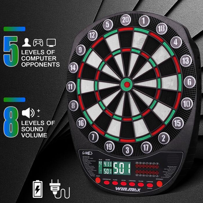 Електронний дартс WIN.MAX Profi Set: 34 гри, 354 варіанти, 3 мови (нім., англ., фр.) для 1-8 гравців + 12 дротиків (зелені та червоні)