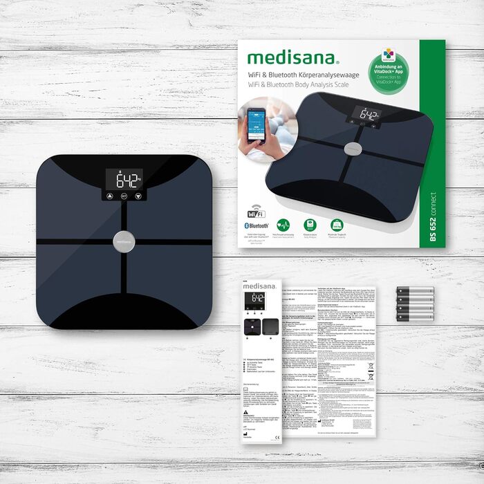 Medisana BS 652 – розумна вага-аналізатор до 180 кг з Wi-Fi/Bluetooth, для вимірювання жиру, води, м'язової та кісткової маси, сумісна з додатком VitaDock+