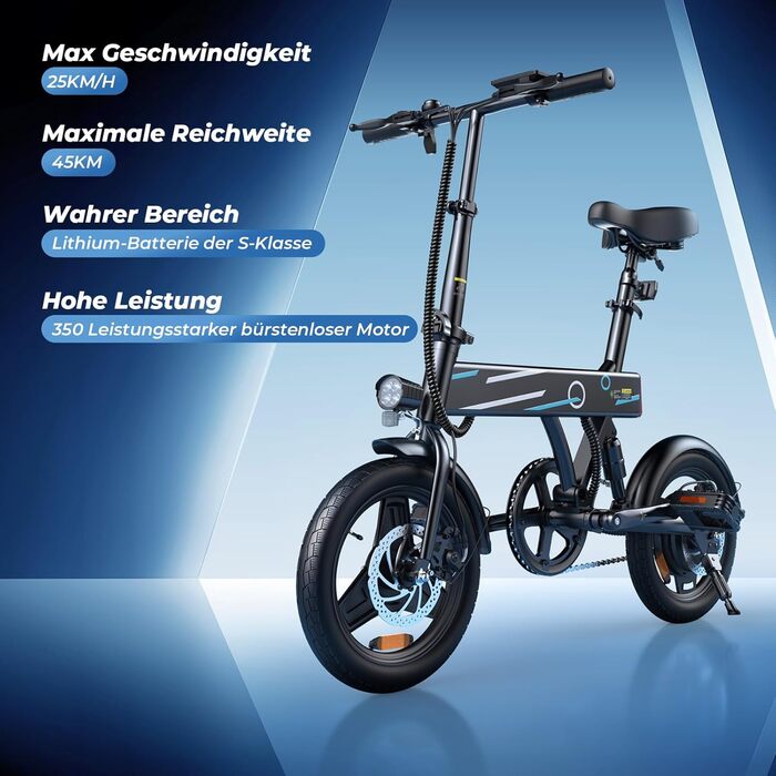 Складаний електровелосипед Finbike 14/16 дюймів, 250 Вт, акумулятор 7.8Ah, швидка зарядка 3 год, 3 режими їзди, запас ходу до 45 км, для дорослих і підлітків
