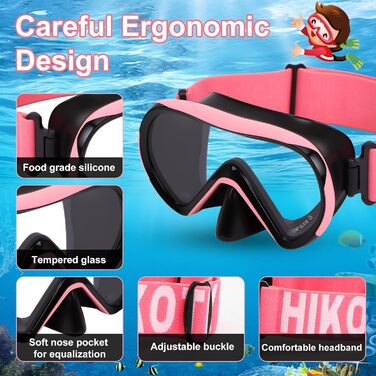 Дитячі маски для снорклінгу Kinder з трубкою, 180° панорама, HD, проти запотівання, для дітей 4-16 років (Рожева)